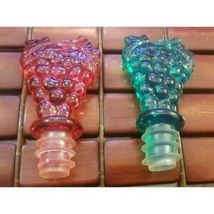 Set Of Two Vintage Lucite Grape Bunch Bottle Stoppers One Green One Red 3.75"